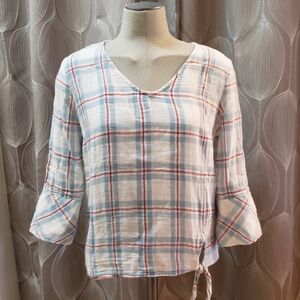Tribal jeans 3/4 sleeve blue and white plaid top